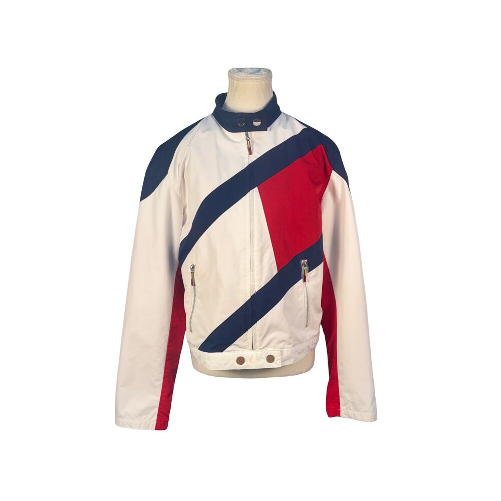 Vintage 2002 Tommy Jeans Red White Blue Full Zip Snap Strap Moto Biker Jacket L